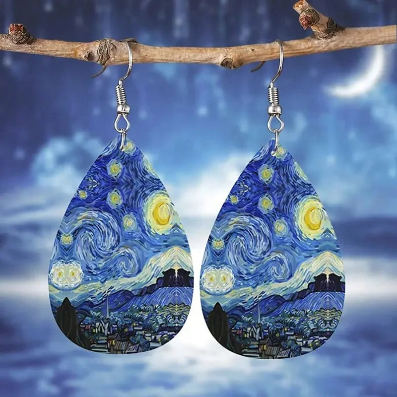 Starry Night Earrings Vintage Tree Of Life Water Drop Leather Earrings For Women