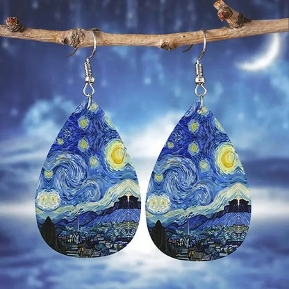 Starry Night Earrings Vintage Tree Of Life Water Drop Leather Earrings For Women