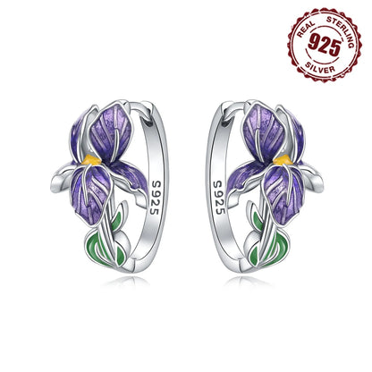 925 Sterling Silver Purple Flower Hoop Earrings for Women