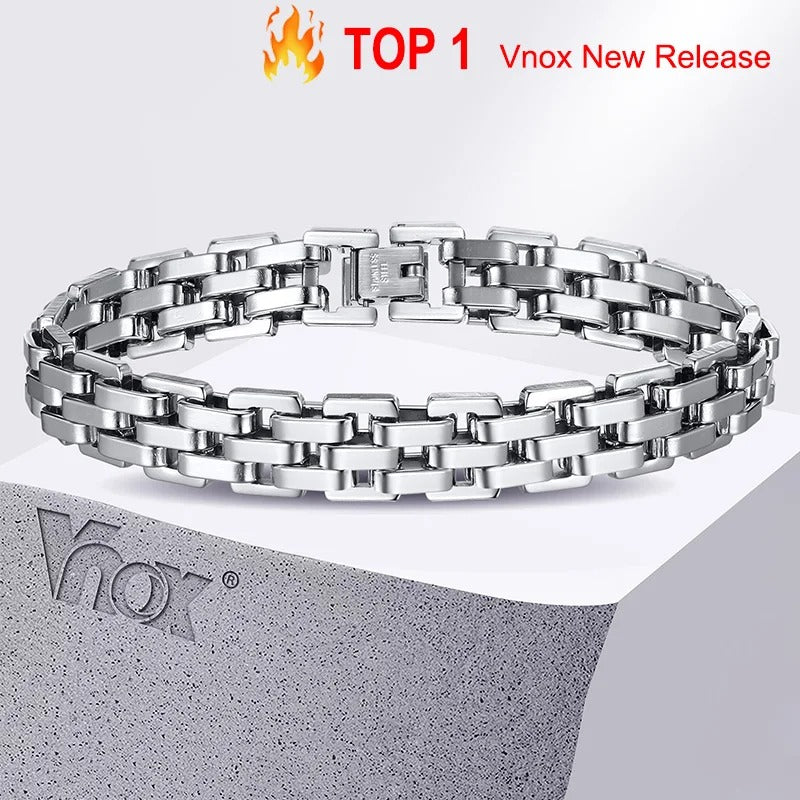 Men’s Black & Silver Watchband-Style Chain Bracelet Teens & Boys