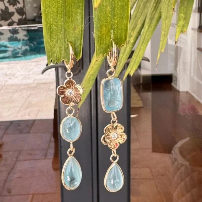 Beautiful Floral Square Dangle Earrings 2 Pieces Gold Jewelry