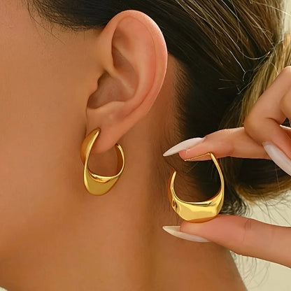 Luxury Chunky Gold Stainless Steel Hoop Earrings for Women Glossy Round Cubic Ear Clips Trendy Wedding Party Jewelry