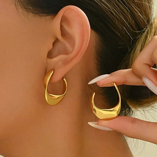 Luxury Chunky Gold Stainless Steel Hoop Earrings for Women Glossy Round Cubic Ear Clips Trendy Wedding Party Jewelry