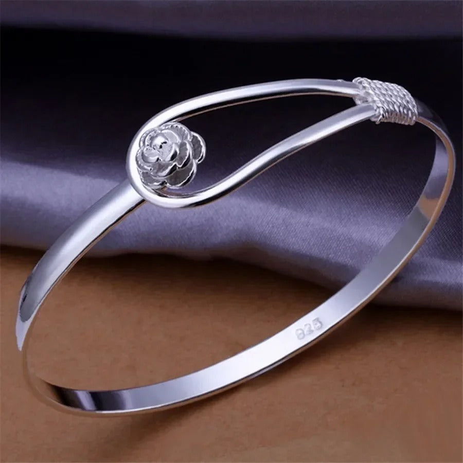 Silver Plated Flower Bangle Bracelet Women's Fashion Wedding Jewelry Gift