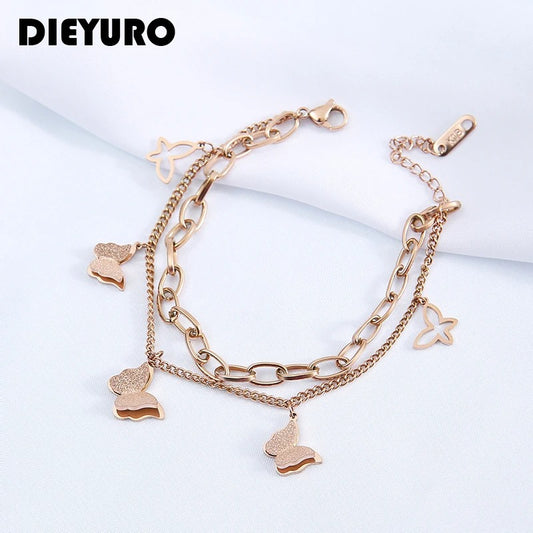 DIEYURO 316L Stainless Steel 2 Layers Sweet Butterfly Pendant Rose Gold Color Woman Bracelet Beautiful Exquisite Christmas Gift