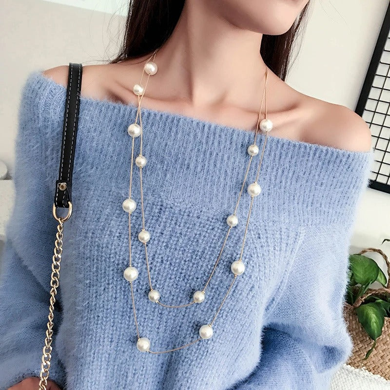 2025 New Long Double Layer Simulated Pearl Necklace Women Sweater Chain Female Collars Statement Jewelry Gifts