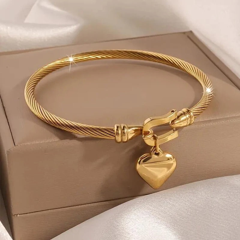Gold Color Stainless Steel Heart Pendant Charm Bangle Bracelets For Women