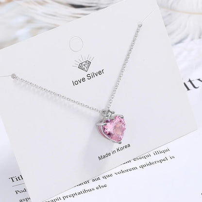 Luxury Heart Pink Zircon Necklace Women’s Sterling Silver Chain
