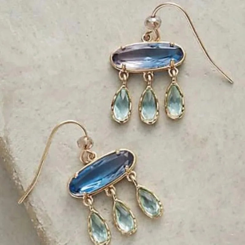 Elegant Oval Dark Blue Stone Earrings Exquisite Fashion Metal Gold Color Water Droplet Sea Blue Dangle Earrings for Women