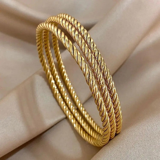 3pc Gold Plated Stainless Steel Bangle Bracelet for Women Trendy Chic Twisted Stacked Wrist Bracelets Waterproof Jewelry