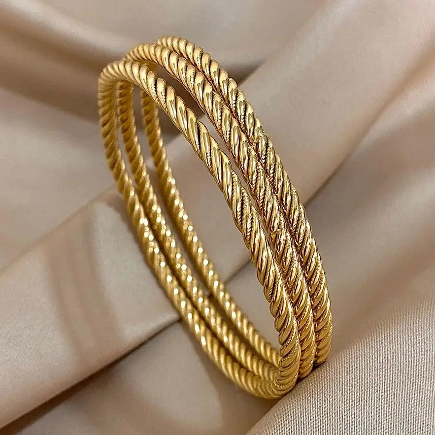 3pc Gold Plated Stainless Steel Bangle Bracelet for Women Trendy Chic Twisted Stacked Wrist Bracelets Waterproof Jewelry