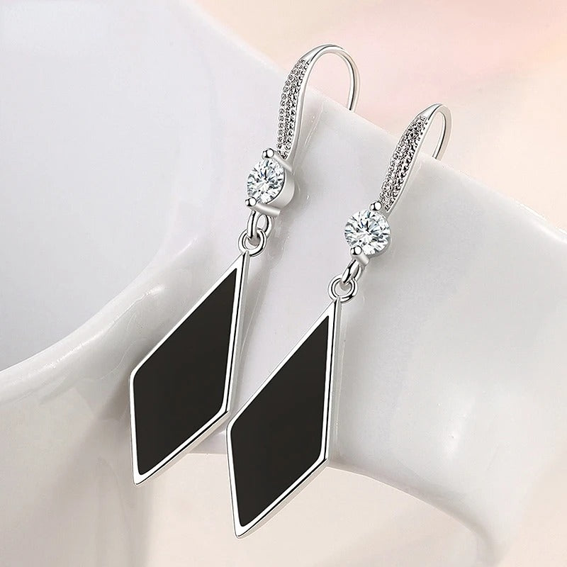 Women’s 925 Silver Rhombus Dangler Earrings Black Zircon Jewelry