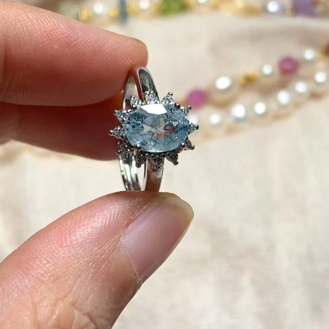 Vintage Natural Aquamarine Ring For Women Stainless Steel Simple Fine Jewelry Stone Gemstone Classic Style