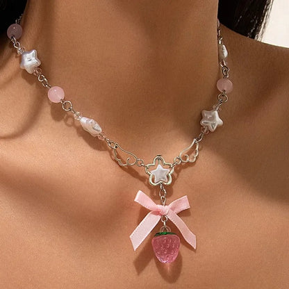 2025 New Cute Bowknot White Pentagram Pink Strawberry Pendant Choker Necklace Goth Vintage Y2K Girls Rave Jewelry Accessories