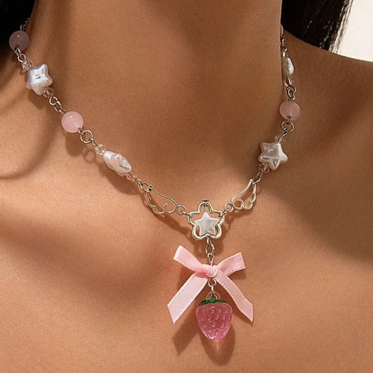 2025 New Cute Bowknot White Pentagram Pink Strawberry Pendant Choker Necklace Goth Vintage Y2K Girls Rave Jewelry Accessories