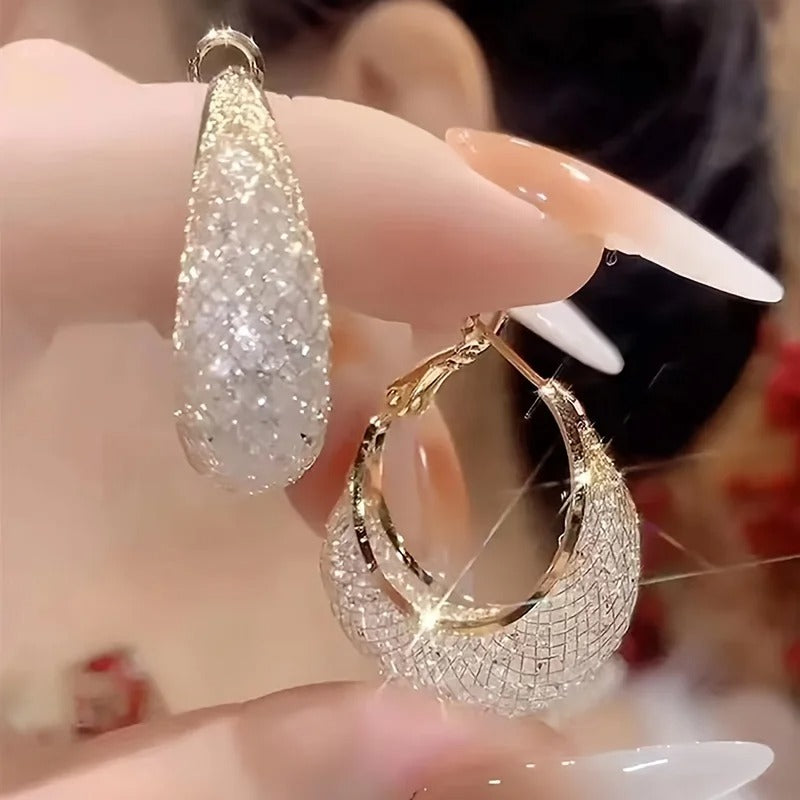 Shiny Mesh Hoop Earrings Rhinestone Inlaid Elegant Party Jewelry