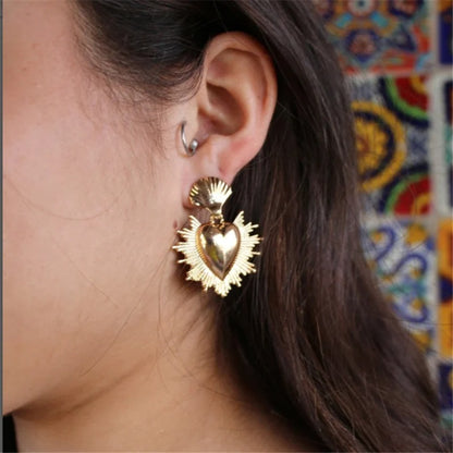 Mexican Sacred Heart Dangle Earrings Starburst Milagro Jewelry