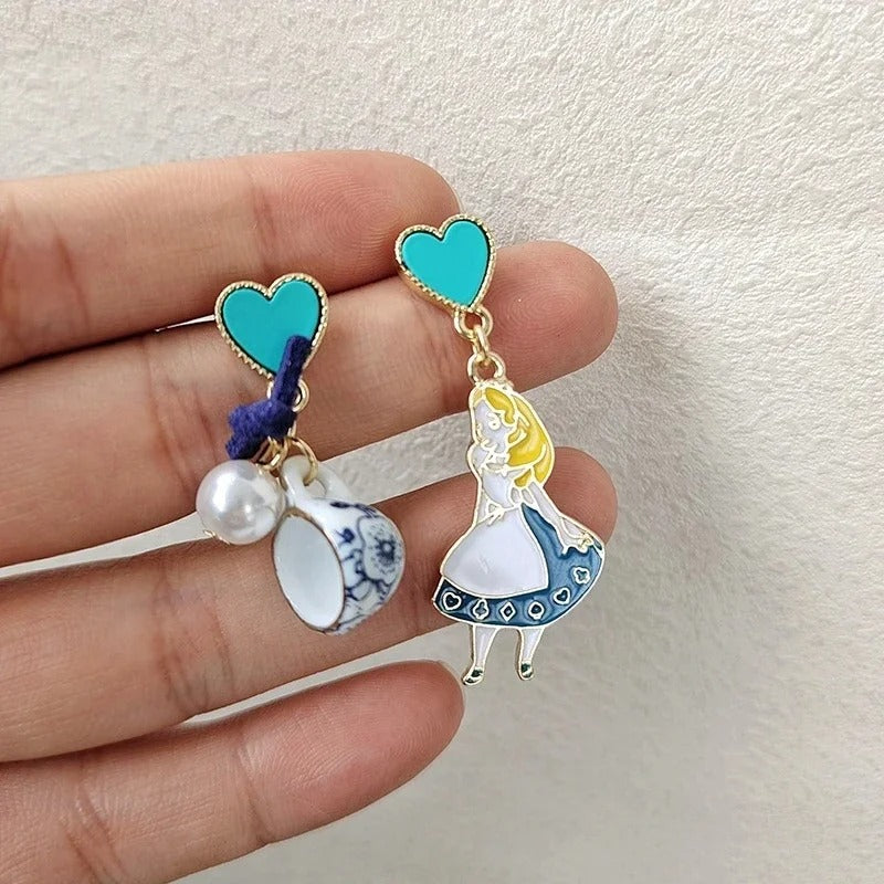 Carton Fairy Tale Princess Alice Earrings Imitation Pearl Blue Heart Dangle Earrings Cute Girls Enamel Earrings