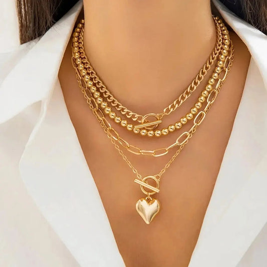 4Pcs/Set Punk Gold Color Heart Pendant Necklace for Women 2025 Trendy Beaded Neck Chain Choker Jewelry Accessories