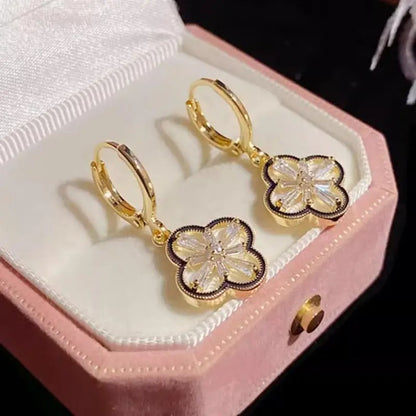 Cute Elegant Gold Plated Zircon Four Leaf Clover Hoop Earrings for Women and Girls
