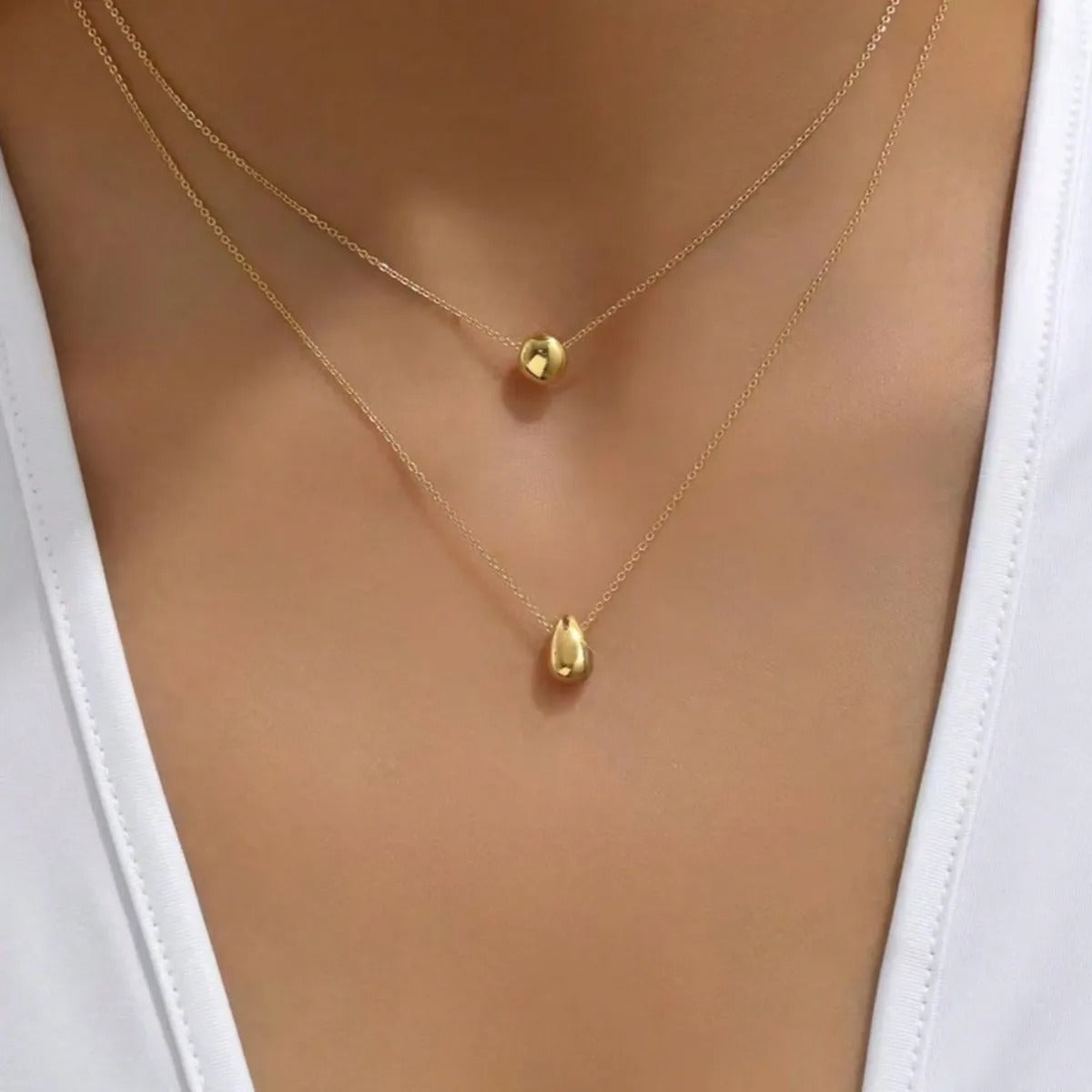 Double Layer Water Drop Ball Necklace Stainless Steel Women