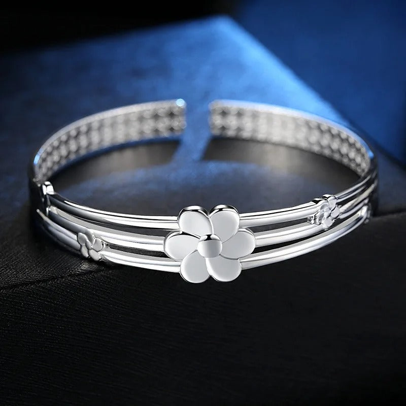 925 Sterling Silver Flower Open Bangle Luxury Women’s Bracelet