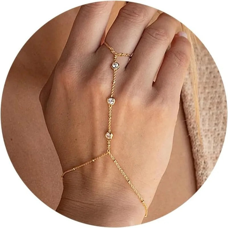 Hand Chain Ring Bracelet Jewelry for Women Girl Dainty 14k Gold Plated Trendy 2025 Summer Adjustable Chain Zircon Finger Ring
