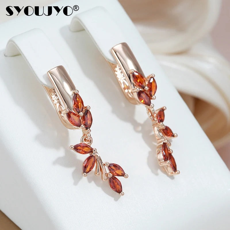 585 Rose Gold Color Long Drop Earrings For Women Orange Natural Zircon Bride Wedding Jewelry Vintage Leaf Dangle Earring
