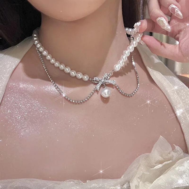 Kpop Irregular Bow Chain Necklaces Y2K Zircon Crystal Beads Tassel Necklace Aesthetic Double Chain Choker Necklaces Jewelry Gift