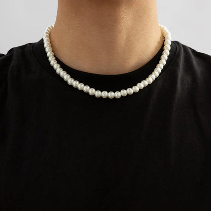 Imitation Pearl Beaded Choker Necklace for Men White Trendy Jewelry