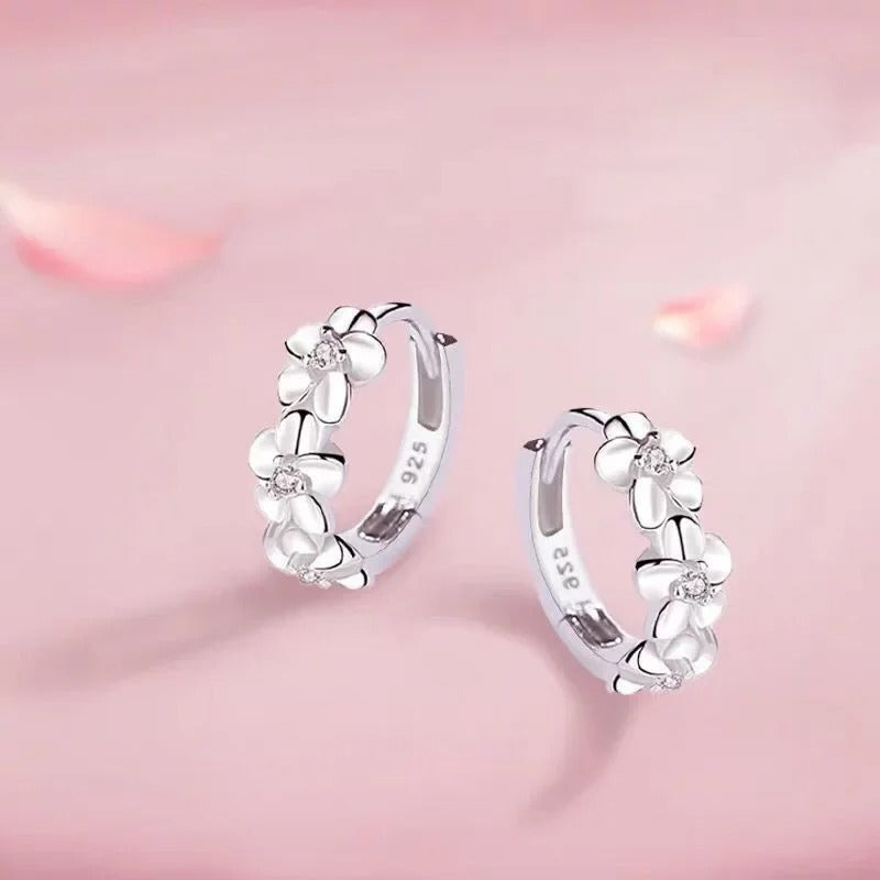 Luxury Silver Flower Hoop Earrings Crystal Zircon Dangle Women