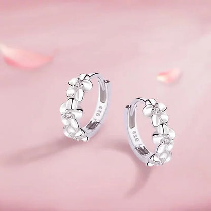 Luxury Silver Flower Hoop Earrings Crystal Zircon Dangle Women