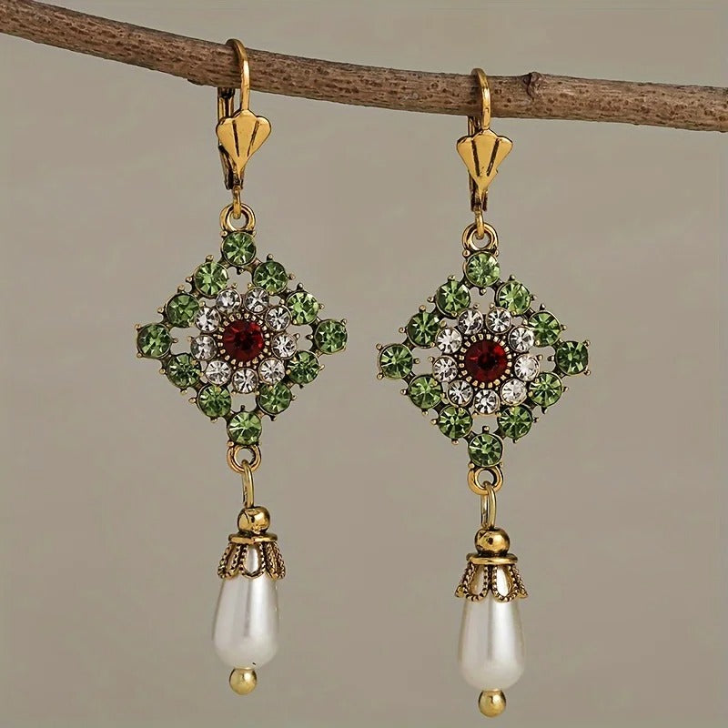Gold Dangle Earrings with White Red Green Stones & Pearls