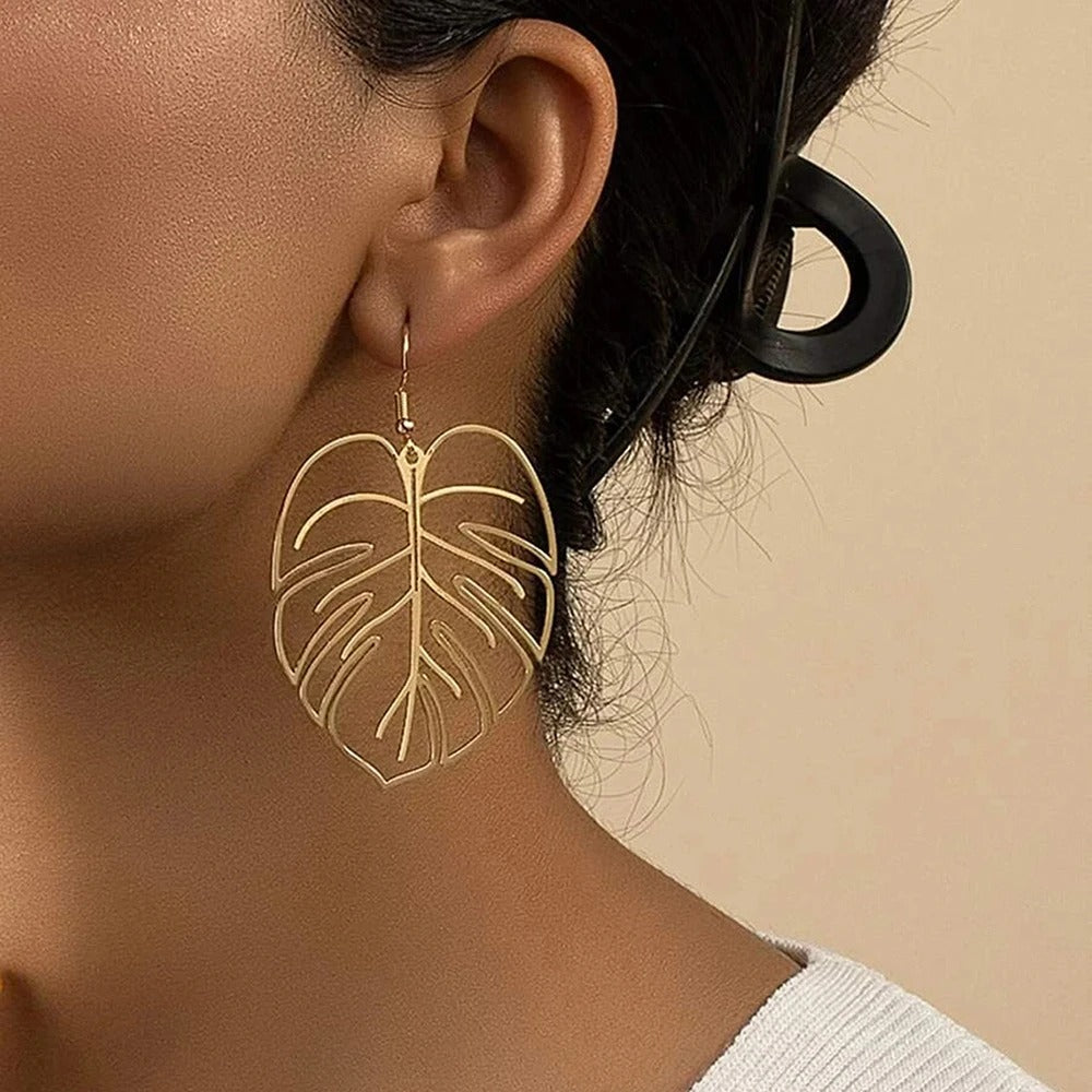 Stainless Steel  Hollow Exaggerated Leaf Dangle Drop Earring For Women Lady Geometric Female Jewelry