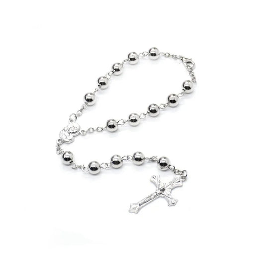 Silver Color Rosary Metal Jesus Cross Bracelet Prayer Beads Car Hanging Ornaments Religious