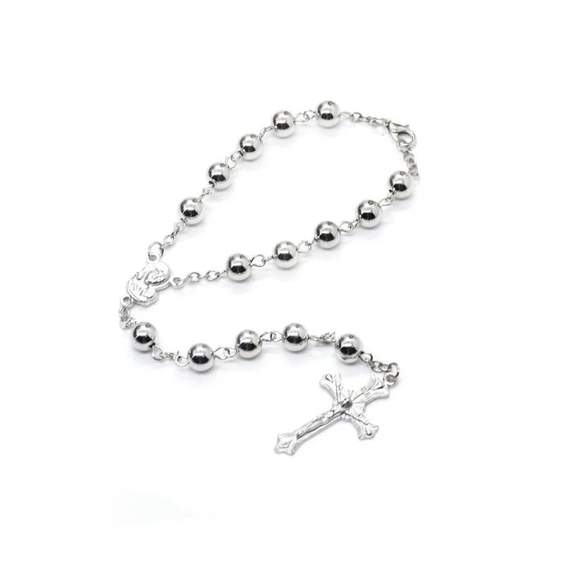 Silver Color Rosary Metal Jesus Cross Bracelet Prayer Beads Car Hanging Ornaments Religious