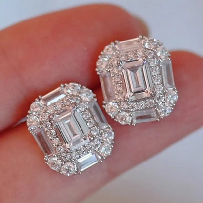 Luxury Geometric CZ Crystal Stud Earrings for Women Bridal Jewelry