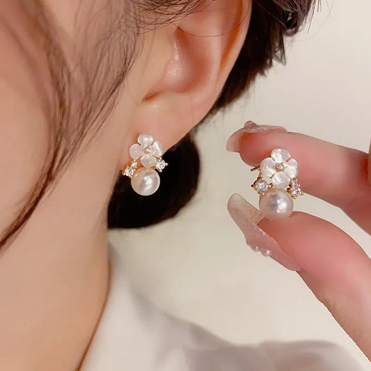 Summer Gold Plated 925 Silver Needle Flower Pearl Stud Earrings Sweet Forest Style Jewelry for Women