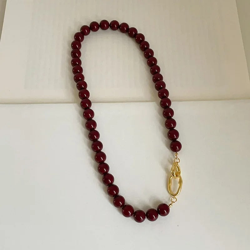 French Dark Red Agate choker Necklace for Women Double Toggle Clasp Circle Choker
