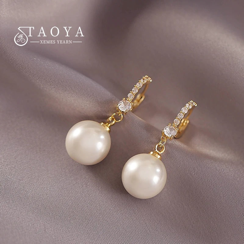 Elegant Lady's Pearl Hoop Earrings Korean Fashion Jewelry for Women and Girls
