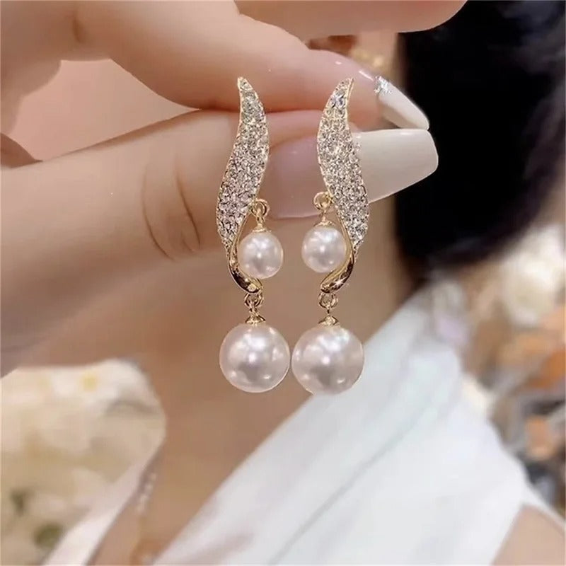 2025 New Classic Elegant Imitation Double Pearl Dangle Earrings For Women Crystal Long Tassel Drop Earring Wedding Jewelry Gifts