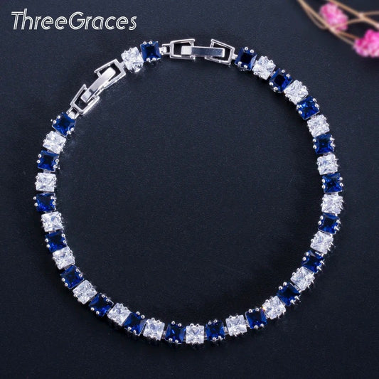 ThreeGraces Fashion Tennis Style White Gold Color CZ Stone With Red Blue Black Green Crystal Paved Bracelets For Women BR006