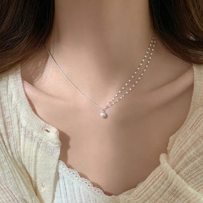 925 Sterling Silver Double Layered Pearl Necklace With Sparkling Temperament Asymmetrical Chain Necklace Fashionable Jewelry ﻿