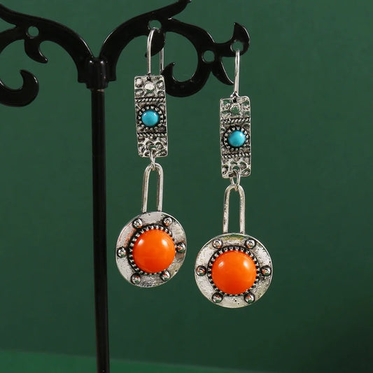 Coral Stone Drop Earrings Women Vintage Handmade Jewelry