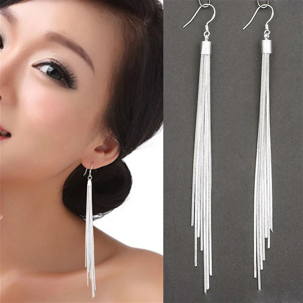 Elegant Jewelry Fashion Women Noble Tassels Silver Plated Long White Hook Dangle Chain Earrings