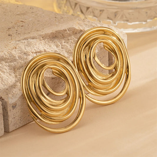 Exaggerated Gold Oval Line Stud Earrings Stainless Steel Party Jewelry for Women