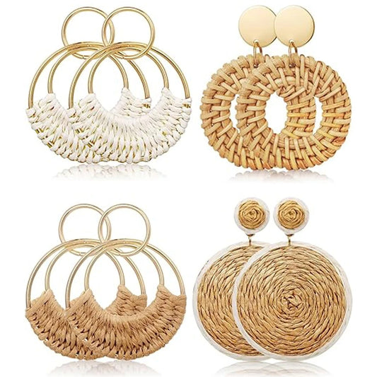 1 or 4 PAIRS Hoop Earrings for Women Summer Beach Earring Straw Wicker Rattan Dangle Round Drop Earrings