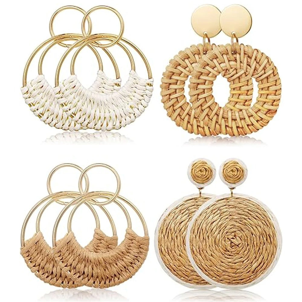1 or 4 PAIRS Hoop Earrings for Women Summer Beach Earring Straw Wicker Rattan Dangle Round Drop Earrings