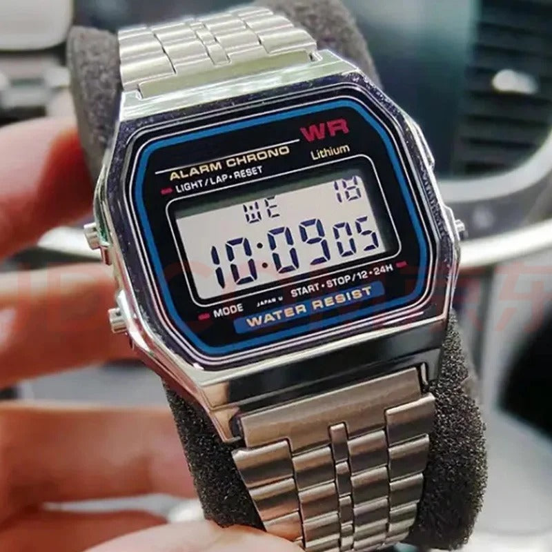 Luxury Gold & Silver Retro LED Digital Watch – Unisex Sports Military Wristwatch with Steel Band