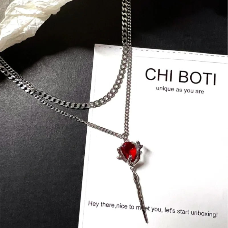 Double Layer Red Zircon Rose Necklace Y2K Floral Jewelry